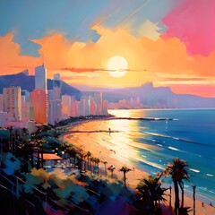 Seaside city resort panorama captured in acrylics, generative AI