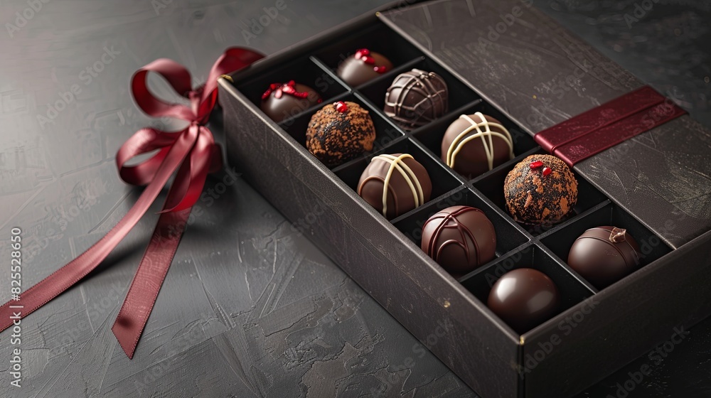 Poster a detailed, elegant box of chocolate truffles adorned with a vibrant red ribbon. generative ai