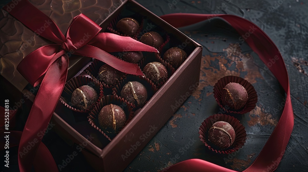 Poster Luxurious box of chocolate truffles adorned with a vibrant red ribbon, creating an elegant presentation. Generative AI