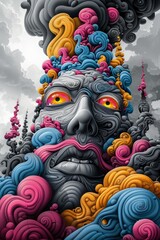 Fototapeta premium A painting of a man with many faces and hair, AI