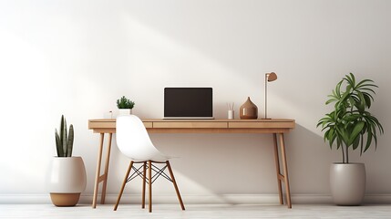 Minimalist workspace with a sleek desk, laptop, and stylish decor