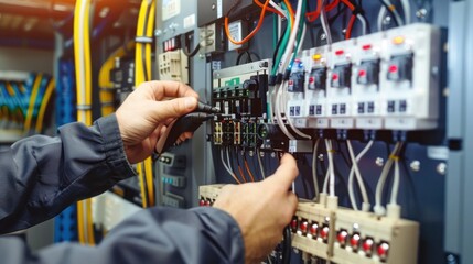 Professional electrician man works in a electrical installation and power line current in an electrical system control cabinet, Electrician repairing