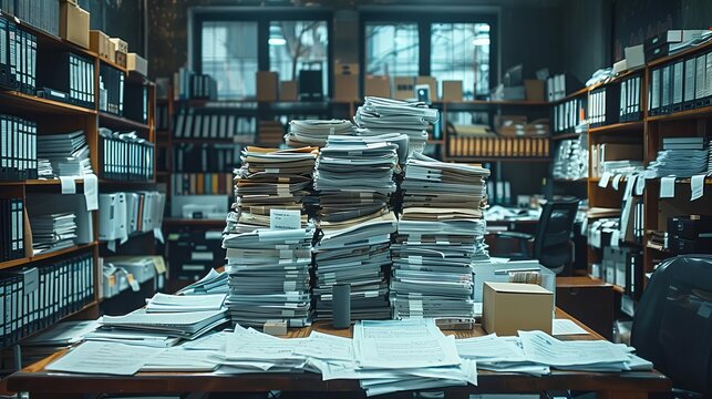 A detailed view of a vacant accounting office, covered completely with stacks of documents and papers