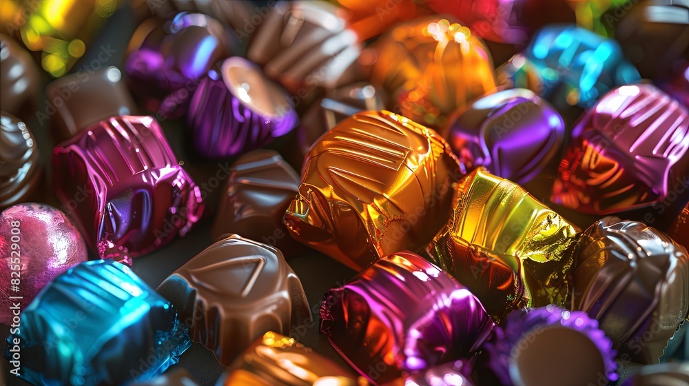 Aufkleber A pile of assorted chocolates in colorful shiny wrappers stacked on top of each other. Generative AI
