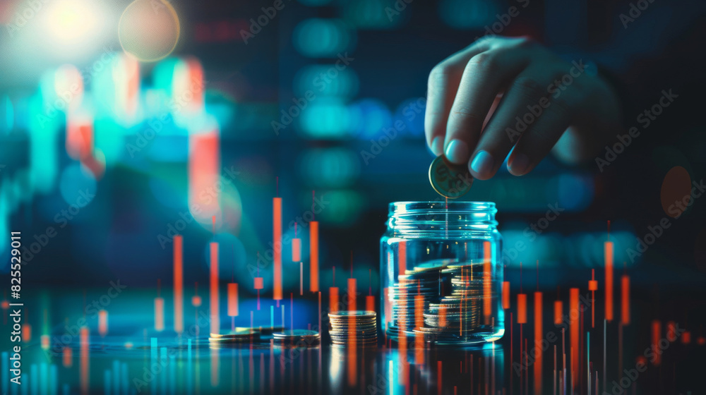 Poster hand inserting coin into jar with digital financial chart depicting inflation