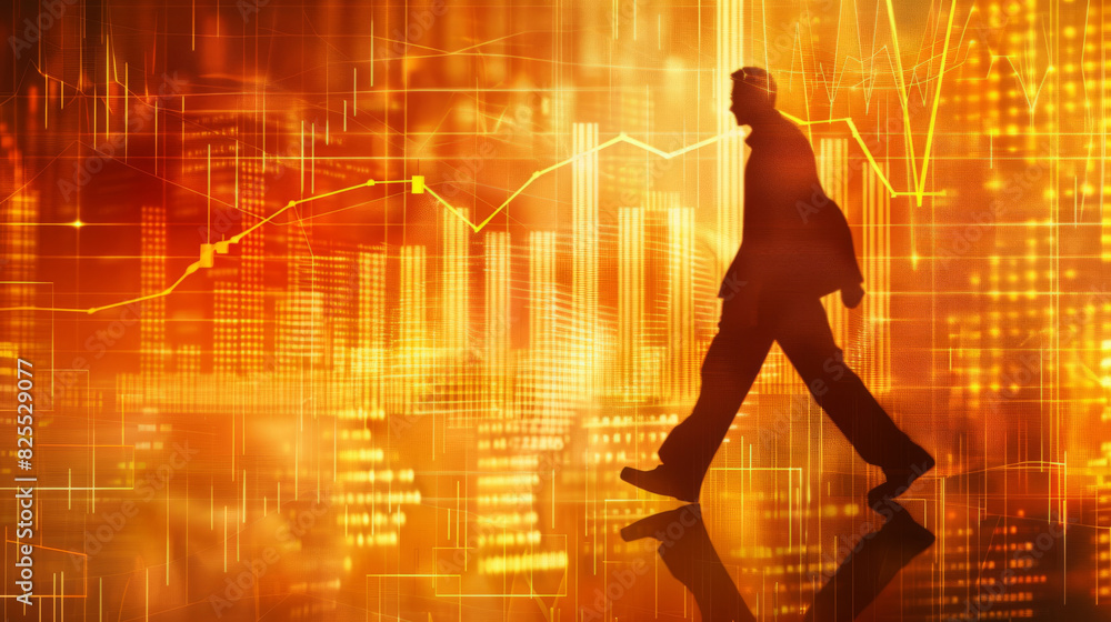 Poster person walking in silhouette with backdrop of rising inflation graph and fiery colors