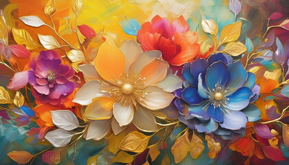 Oil Painting with Floral Motifs. Lush Textured Flowers of Yellow, Blue, Red, Pink colors with Golden Leaves.