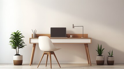Minimalist workspace with a sleek desk, laptop, and stylish decor