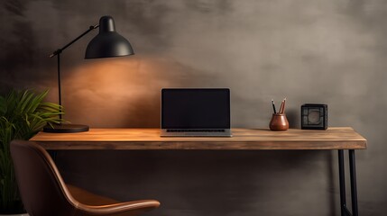 Minimalist workspace with a sleek desk, laptop, and stylish decor