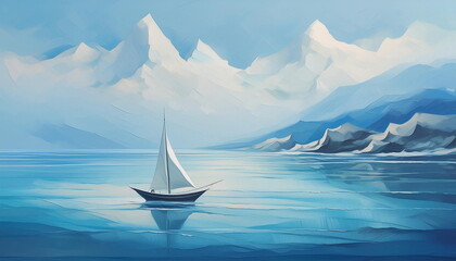 Picture in Acrylic Painting Technique. Minimalistic Northern Landscape. Yacht goes on Calm Cold Sea to Deserted Mountain Shore.