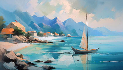 Acrylic Painting. Landscape with Tranquil Sea, Sailboat, Mountains, Coast, Village, Sky.