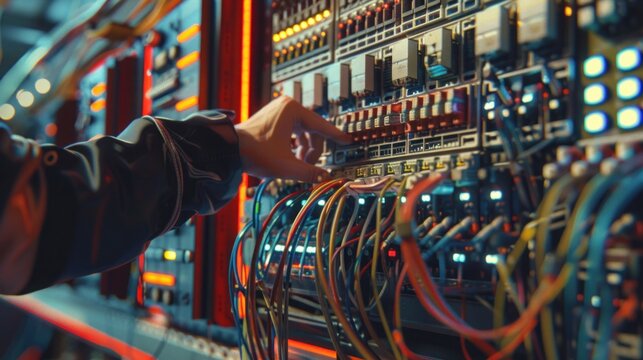 A male electrician works in a switchboard to connect electric wires in the system. Electrician engineer test the electrical installation and power line current in an electrical system control cabinet