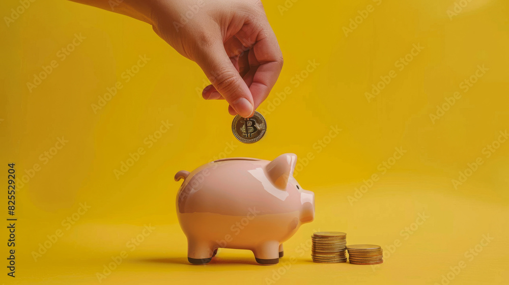 Poster hand inserting a bitcoin into a piggy bank with coins on a yellow background