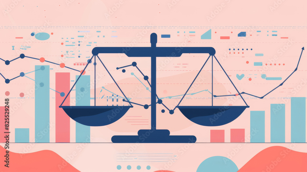 Poster abstract scale balancing graphs depicting the concept of inflation against economic stability