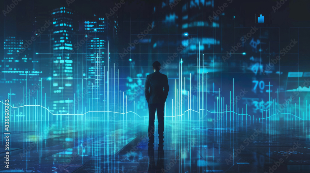 Poster Man analyzing illuminated graphs depicting inflation and economic trends in silhouette