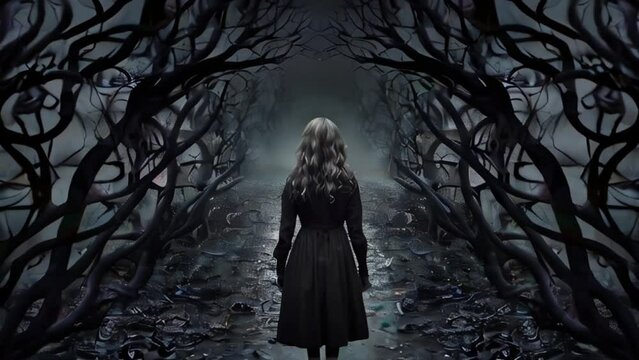 A Young Woman Wearing a Vintage Dress Standing on a Dark Foggy Forest Path