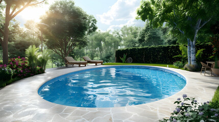 Swimming pool at home in a warm Mediterranean climate , outdoor pool with scattered shrubs and flowers around it realistic hyperrealistic