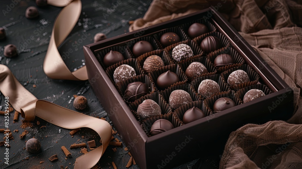 Poster a luxurious box of chocolate truffles, decorated with ribbons, placed on top of a table. generative 