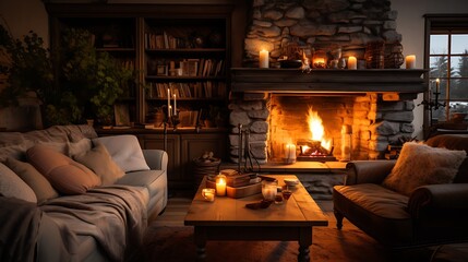 Cozy living room with a fireplace, comfortable furniture, and soft lighting