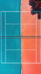 abstract aerial view of a duotone tennis court split with orange and turquoise