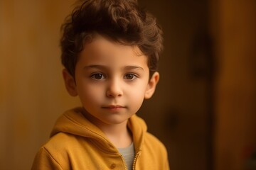 A young boy with brown hair and brown eyes is wearing a yellow jacket