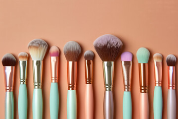 professional makeup brushes with pastel handles on soft peach background