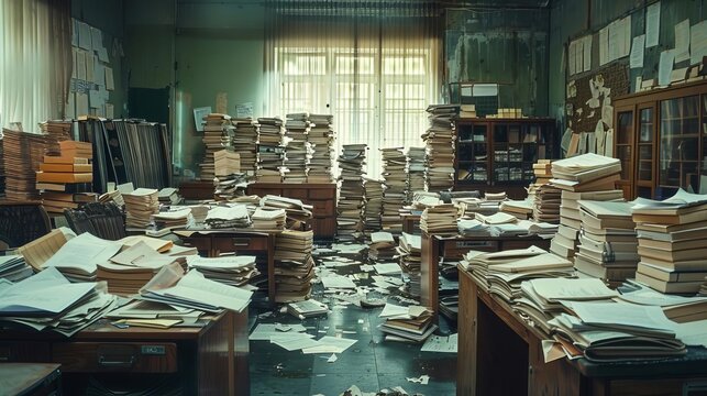 A detailed view of a vacant accounting office with 12 desks covered completely with stacks of documents and papers