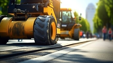 A photo of an asphalt roller on a newly paved road.