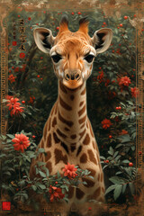 Obraz premium Giraffe calf, surrounded by flowers, ornate borders, nature portrait, peaceful wildlife scene, , botanical setting, charming animal painting, Asian art influence, exotic animal illustration.