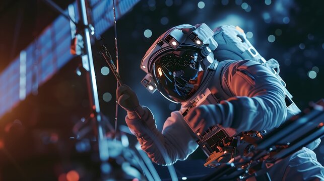 Space - An astronaut repairs a satellite in the vastness of space, surrounded by stars