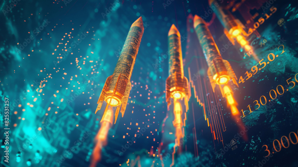 Poster digital illustration of rockets symbolizing the rise of inflation within financial market data