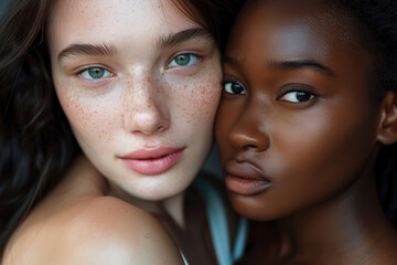 Fototapeta premium intimate portrait of two young women from different ethnic backgrounds, close together in a serene expression
