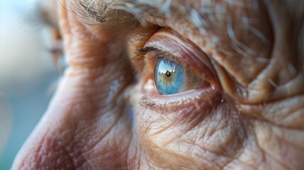 Close-up view of an old man's blue eye. Highlighting the depth in aged skin and human emotion. Perfect for conceptual, emotional stock purposes. AI
