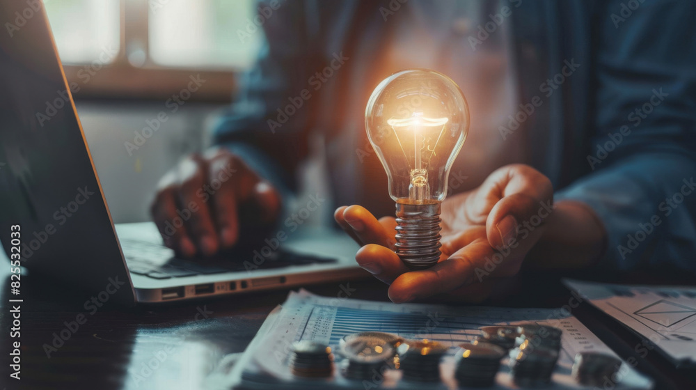 Poster Conceptual image showing a person with an illuminated bulb over a financial report, symbolizing inflation insights