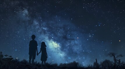 Obraz premium Stars and Night - Two kids hold hands under a starry sky, gazing at the Milky Way