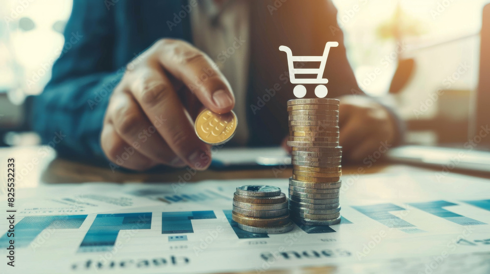 Poster Hand placing a coin on a stack with a shopping cart icon, symbolizing inflation
