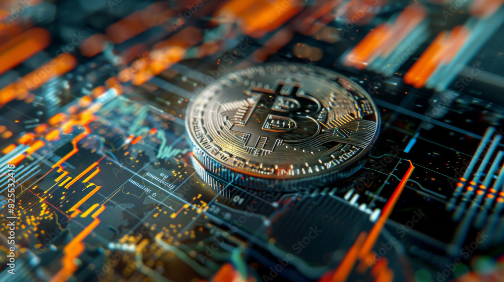 Poster Bitcoin coin close-up overlaid on abstract inflation chart