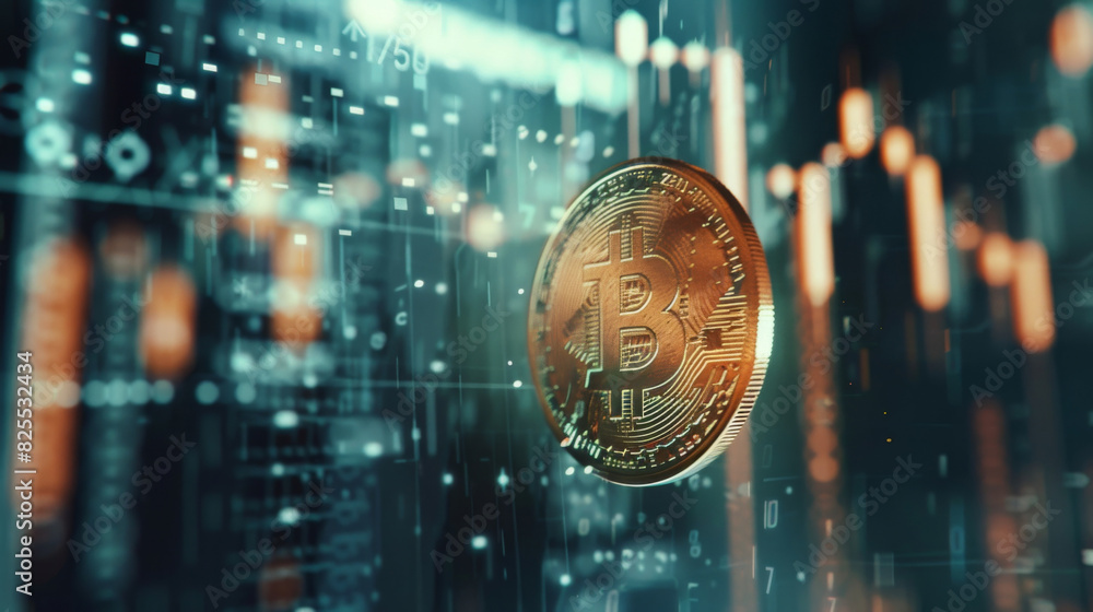 Poster Bitcoin concept with overlay of financial inflation graphs
