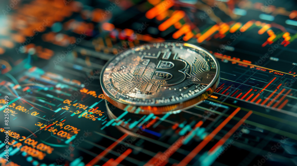 Poster bitcoin coin against a backdrop of financial graphs symbolizing market inflation