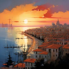 Mediterranean city panorama in acrylics, generative AI