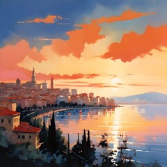 Mediterranean city panorama in acrylics, generative AI