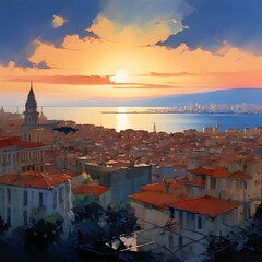Mediterranean city panorama in acrylics, generative AI