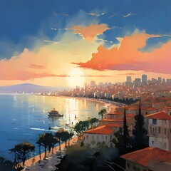 Mediterranean city panorama in acrylics, generative AI