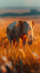 origami elephant in the savannah, endangered species concept, created with generative AI technology