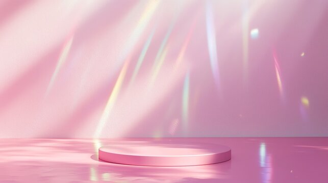 Soft pink circle podium display on fantasy sky with rainbow halo light and shadows on pastel color background.