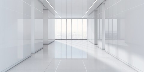 Fototapeta premium White empty modern minimal office corridor or hallway interior design, open space office interior, mock up wall
