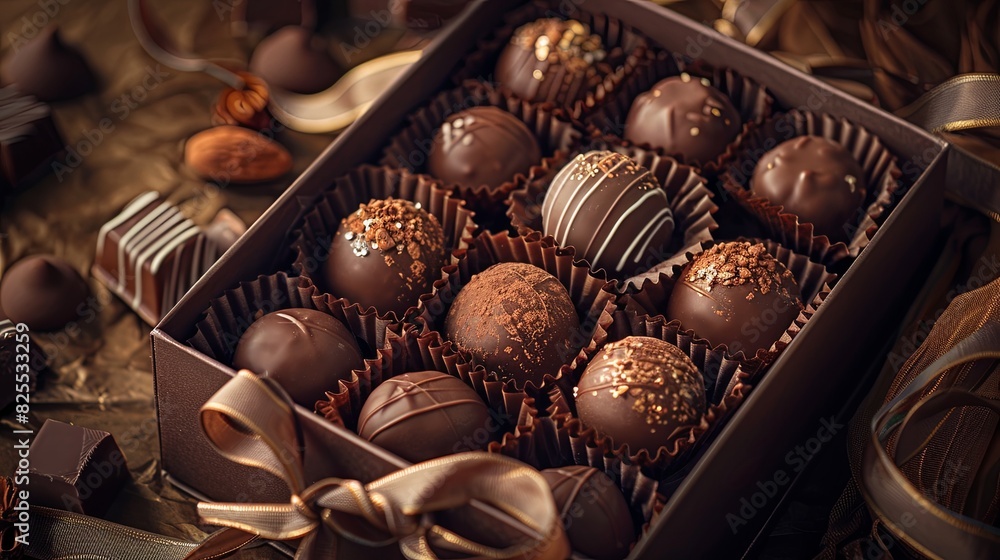 Poster a luxurious box of chocolate truffles, adorned with ribbons, placed on a table. generative ai