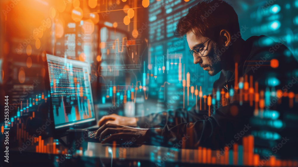 Leinwandbilder Concentrated professional using computer to study financial data and inflation indicators amidst dynamic market