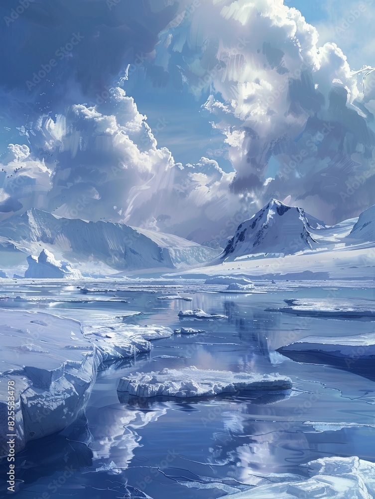 Aufkleber icebergs drift in cold water, showcasing their unique shapes and textures under the light. generativ