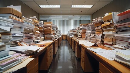 Fototapeta premium An empty accounting office setting, each piled high with documents and papers, highlighting the absence of office staff